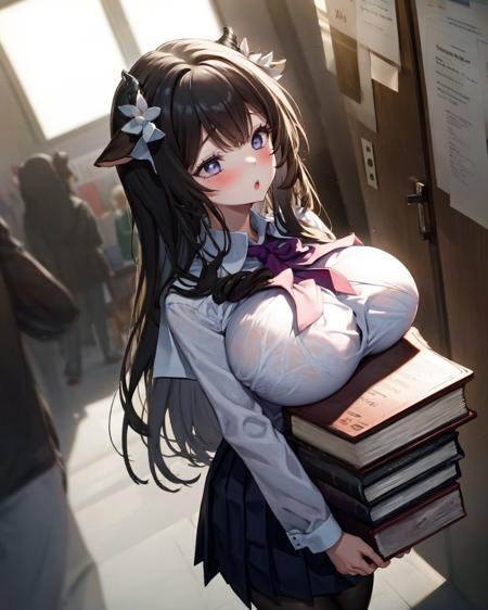 52048-1401790616-1girl,solo,huge breasts, carried breast rest, carrying, book stack,  ,school uniform, black hair,kashino, ,parted lips,;o,blush,.png